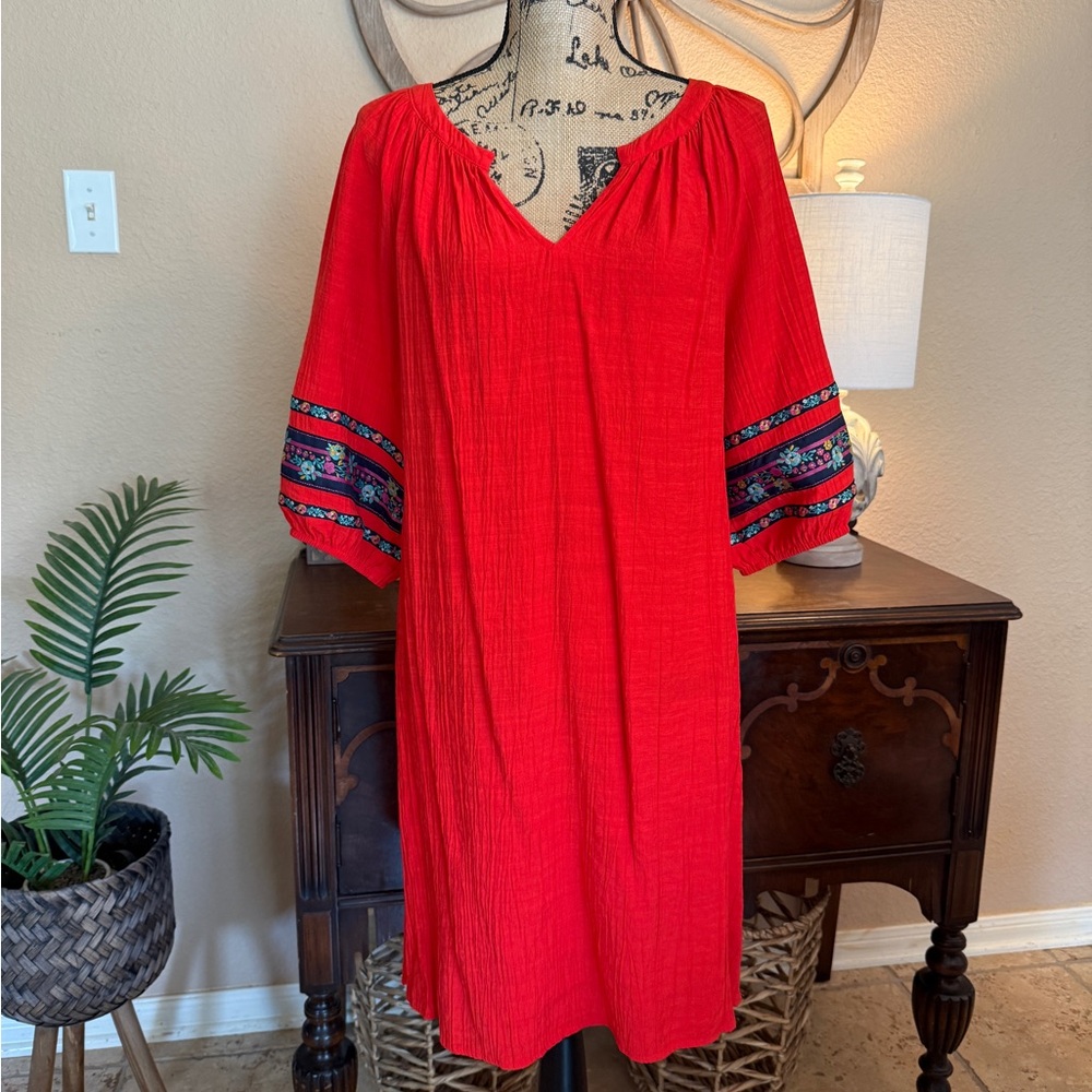 The Pioneer Woman Vibrant Red Dress with Floral Embroidered Details
